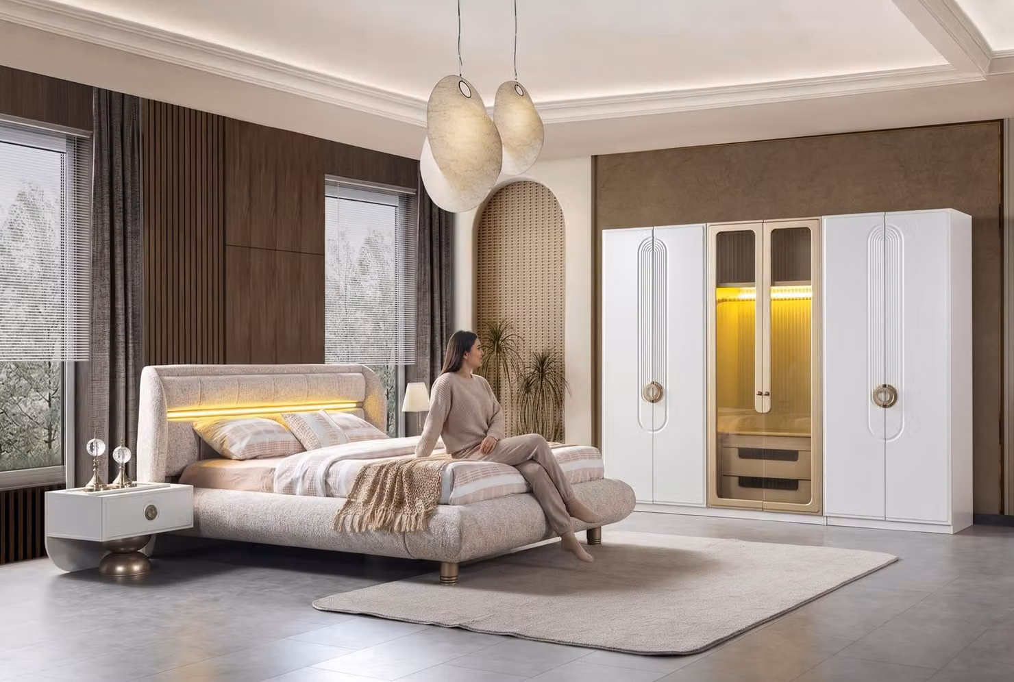 Comodino, armadio, design moderno, nuovo, bianco, beige, dorato, camera da letto