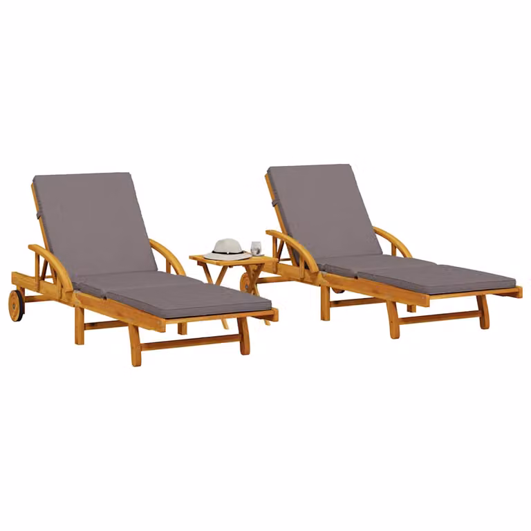 Set di 2 lettini prendisole con tavolino vidaXL in legno di acacia oliato con poggiatesta regolabile e ruote