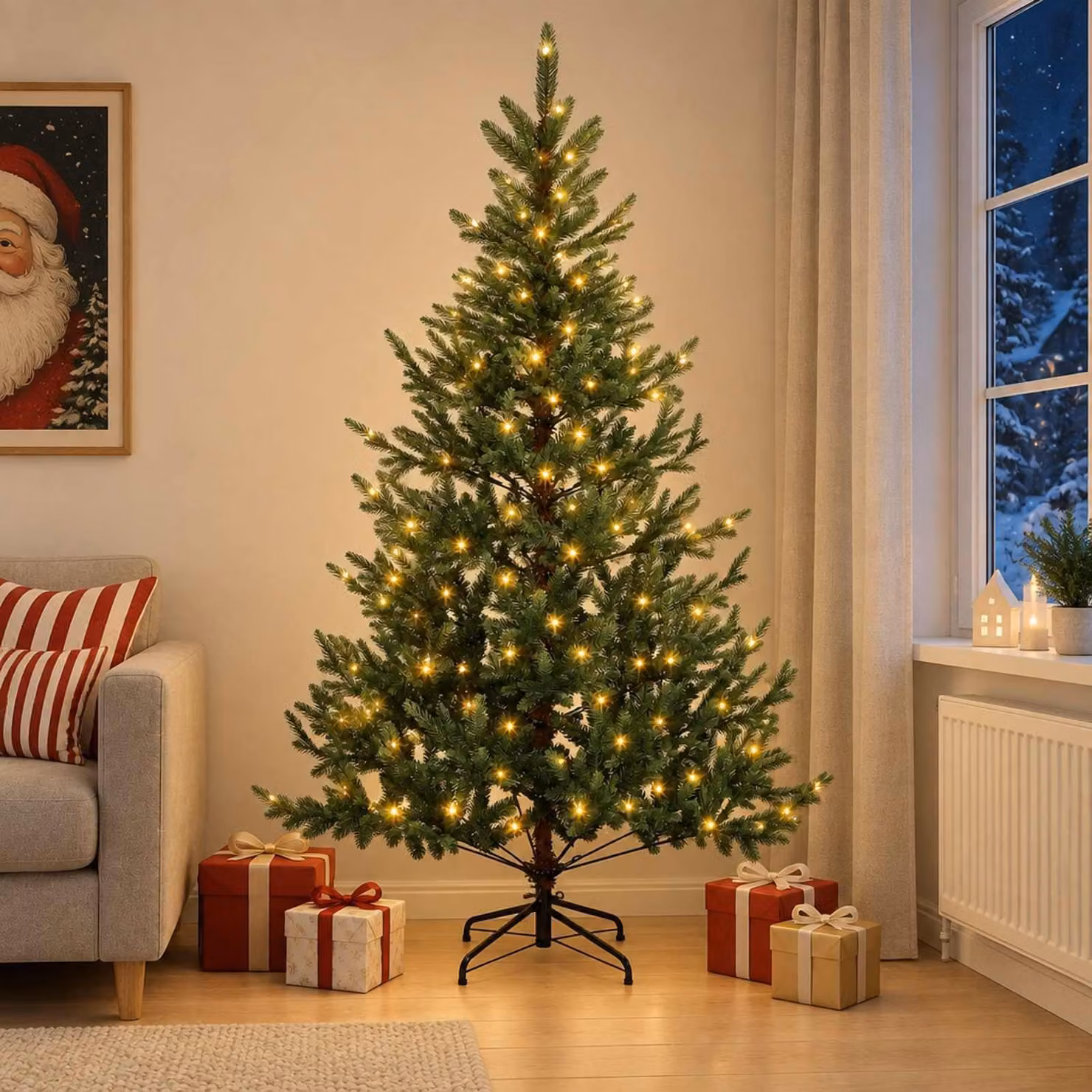 Albero di Natale artificiale pieghevole, altezza 180 cm, con 300 luci a LED