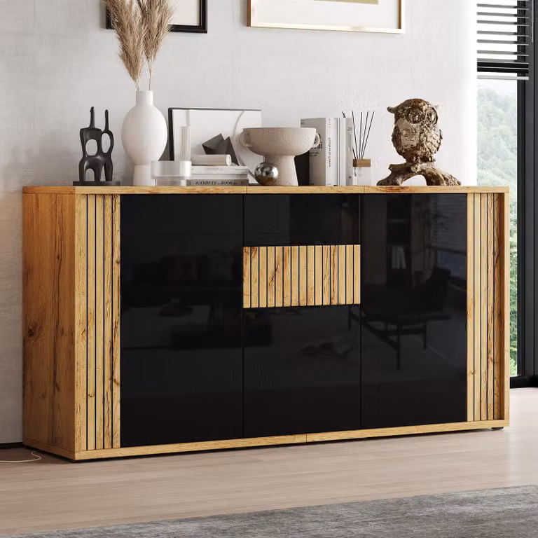 Mobile contenitore laterale Merax, finitura lucida, con 3 ante e vani chiusi, design a motivo a onde, mobile per soggiorno con 6 scomparti portaoggetti in MDF, colore nero
