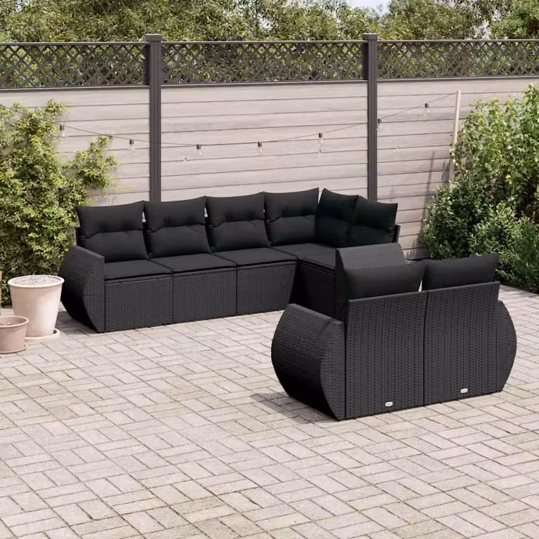 Set di Divani da Giardino a L vidaXL in Polyrattan Nero con 7 Cuscini e Coperture Rimovibili