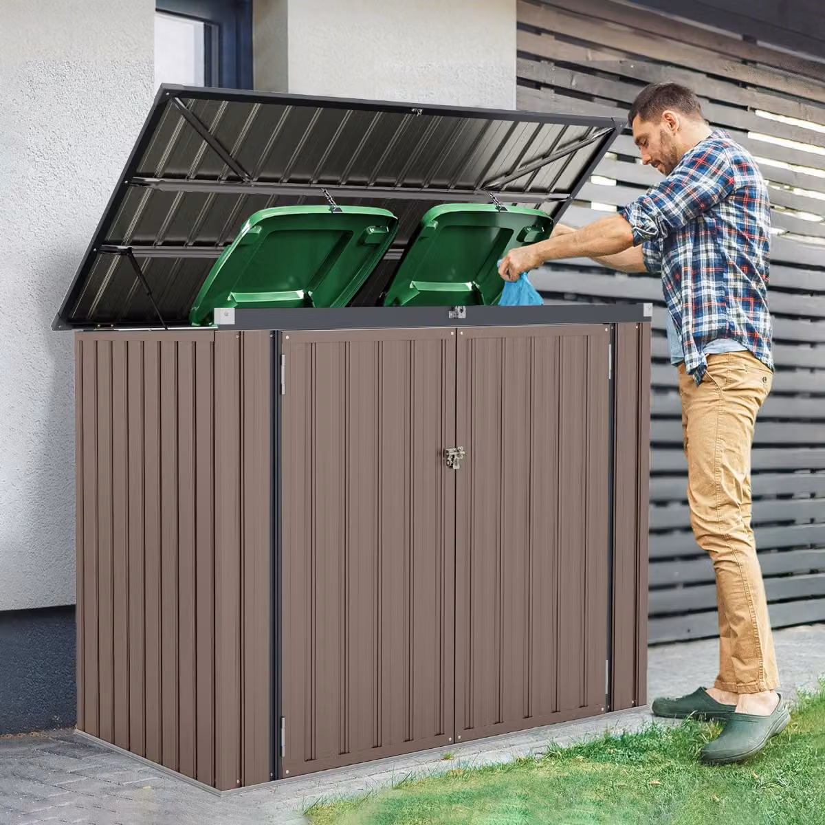 Casetta per riporre la spazzatura con doppie aperture bloccabile Costway Grigio chiaro e Marrone