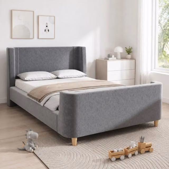 Letto singolo per bambini a slitta 90 × 200 cm in velluto grigio con rete a doghe in legno