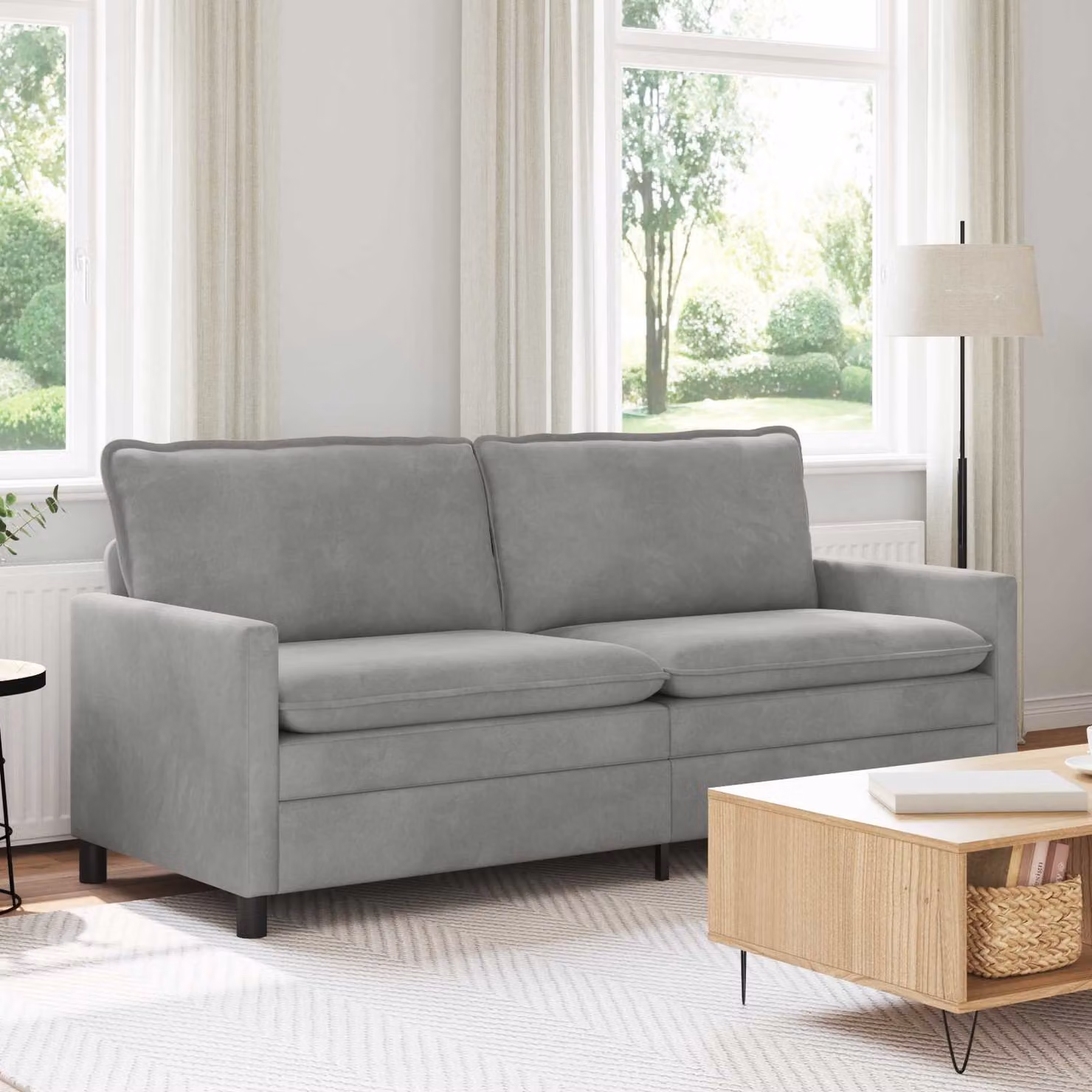 Divano moderno vidaXL in velluto grigio chiaro con struttura in metallo L: 196 cm, P: 81 cm, H: 87,5 cm