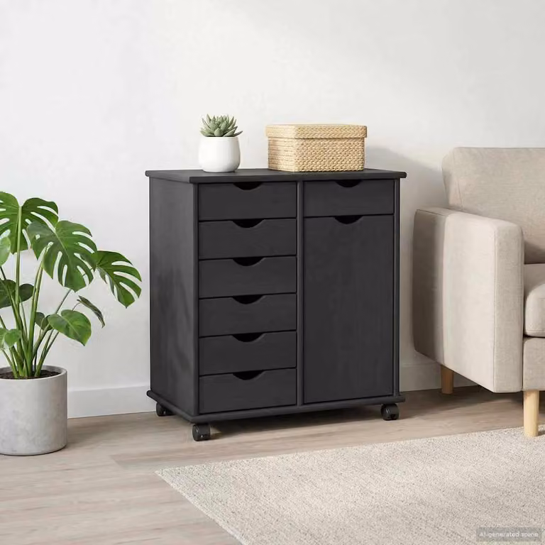 Mobile con ruote vidaXL in legno di pino massello con cassetti e ripiani, L: 63,5 cm, P: 39 cm, H: 65,5 cm