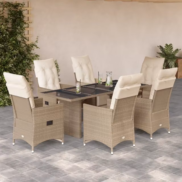 Set da Bistrò da Giardino vidaXL in Polyrattan con Cuscini Beige e Tavolo in Vetro, 7 Pezzi
