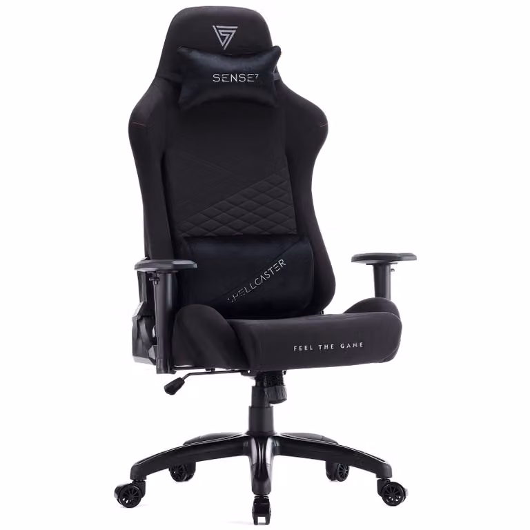 SENSE7 Spellcaster SENSHI XL Sedia da gaming in tessuto nero - Sedia da ufficio ergonomica per persone di corporatura robusta, 160 kg, poltrona direzionale con schiuma a freddo e braccioli 2D