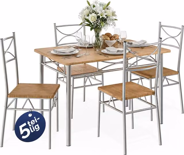 Set da pranzo Casaria® Paul composto da tavolo rettangolare e 4 sedie in legno di faggio, colori beige e marrone