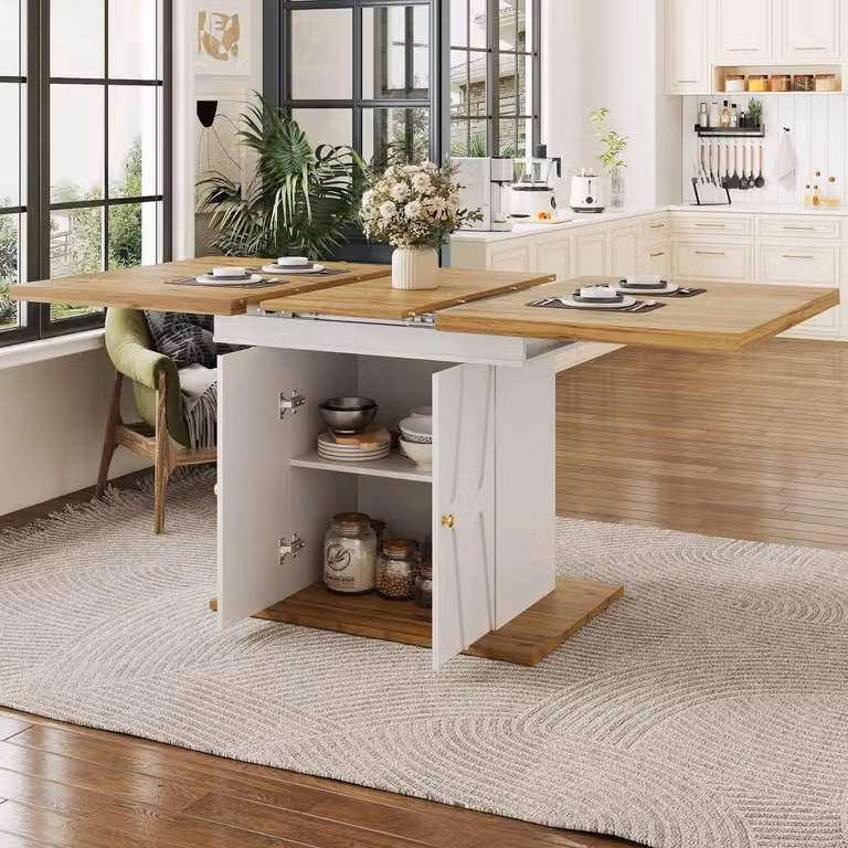 Tavolo allungabile con spazio contenitore e motivo decorativo, dimensioni 110-140x70x76,5 cm, colore bianco/effetto legno