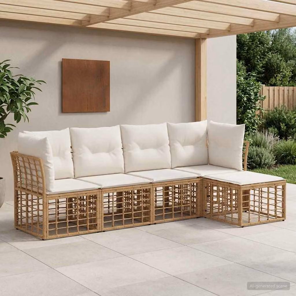 Set di divani da esterno a L vidaXL in polyrattan con pouf e cuscini, beige e marrone