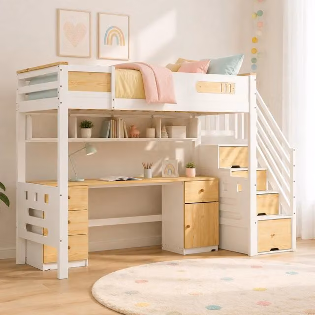 Letto a soppalco ULEVR 90x200 cm con scrivania, cassetti, scala contenitore e mensola sospesa, bianco e naturale