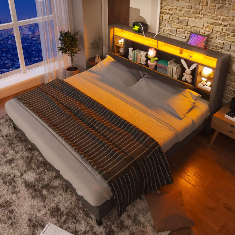 Letto imbottito 140x200 cm con testiera contenitore, illuminazione LED, 2 prese USB e 2 prese di corrente, rete a doghe, colore grigio, senza materasso