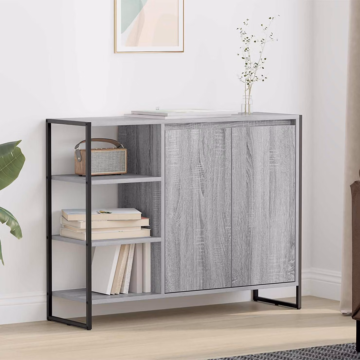 Mobile laterale vidaXL in stile industrial, colore grigio e finitura Sonoma, L: 96.5 cm, P: 30 cm, H: 75 cm