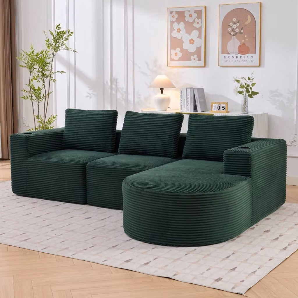 Divano a 2 posti MIVRAY in tessuto verde stile retrò con cuscini e portabicchieri per soggiorno o ufficio L: 265 cm, P: 60 cm, H: 60 cm – 2