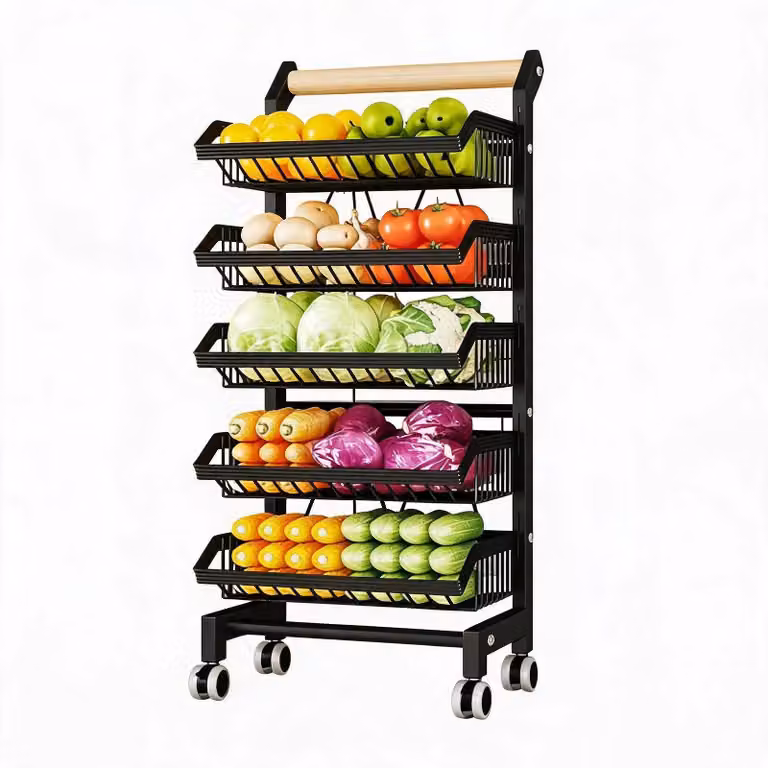 Carrello portaoggetti per la cucina - Carrello metallico a 5 ripiani - Rotazione a 360° - Ripiano sottile pieghevole per verdure - Scaffale con cesto in filo su ruote - Nero