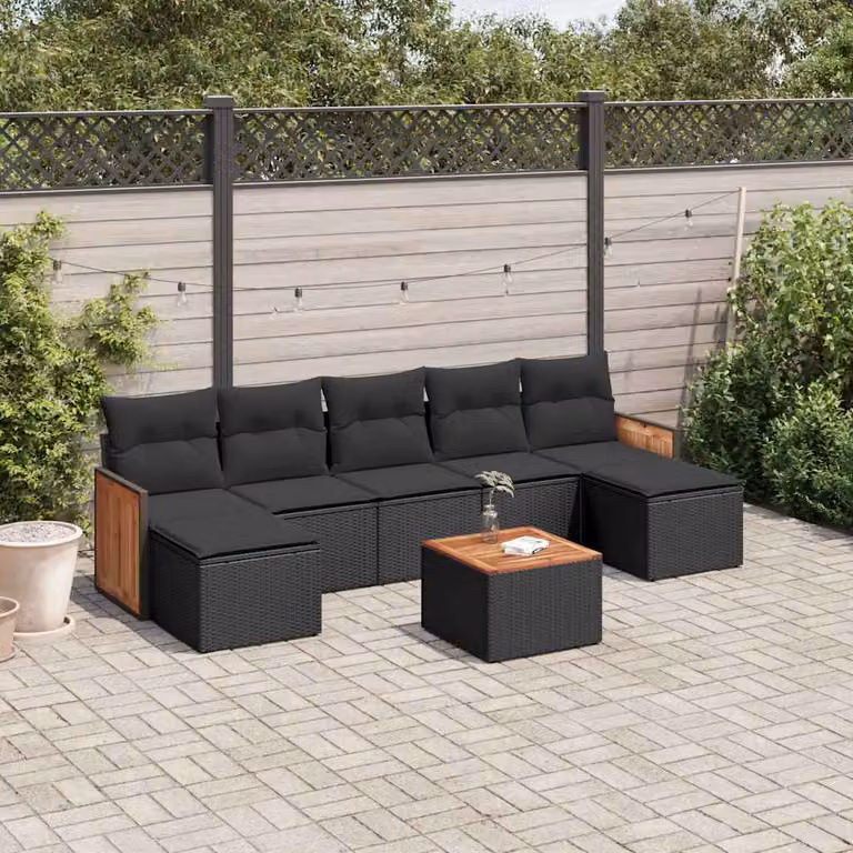 vidaXL Set Divani da Giardino a L in Polyrattan Nero con 8 Cuscini e Tavolino da Esterno