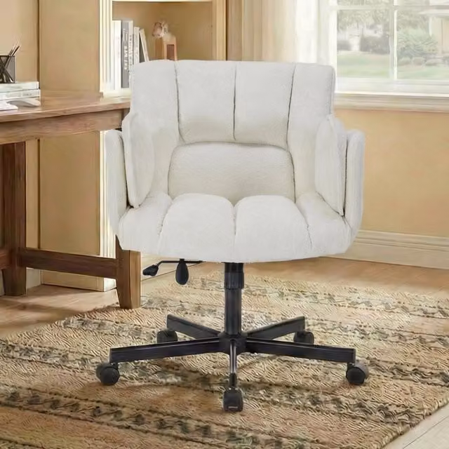 Sedia da ufficio beige regolabile in altezza con ruote e braccioli ribaltabili in tessuto, portata 150 kg