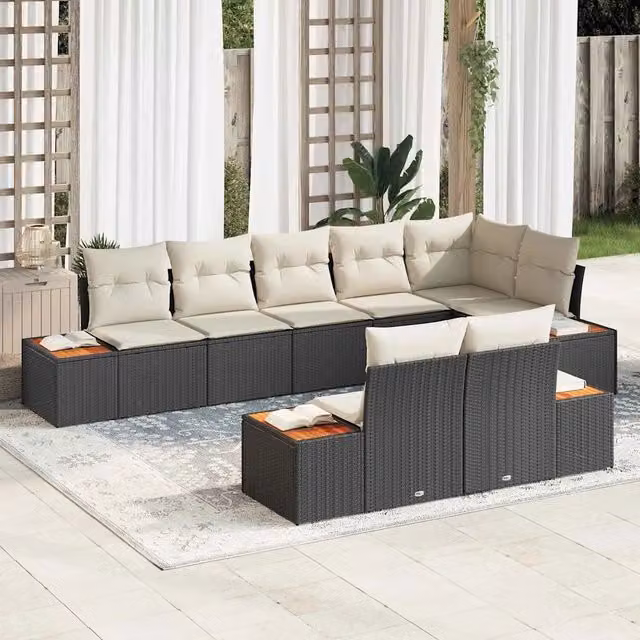 Set Divano da Giardino 8 Posti vidaXL con Tavolino e Cuscini, Design Moderno a L, Colore Nero e Beige
