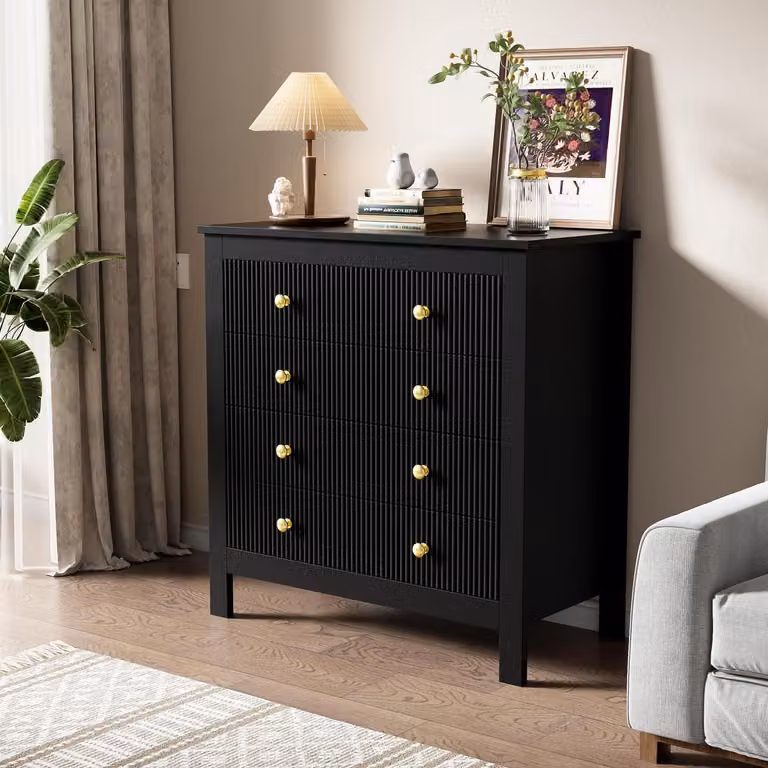 Mobile contenitore con 5 cassetti, finitura lucida nera, dimensioni 79x80,5x39,5 cm