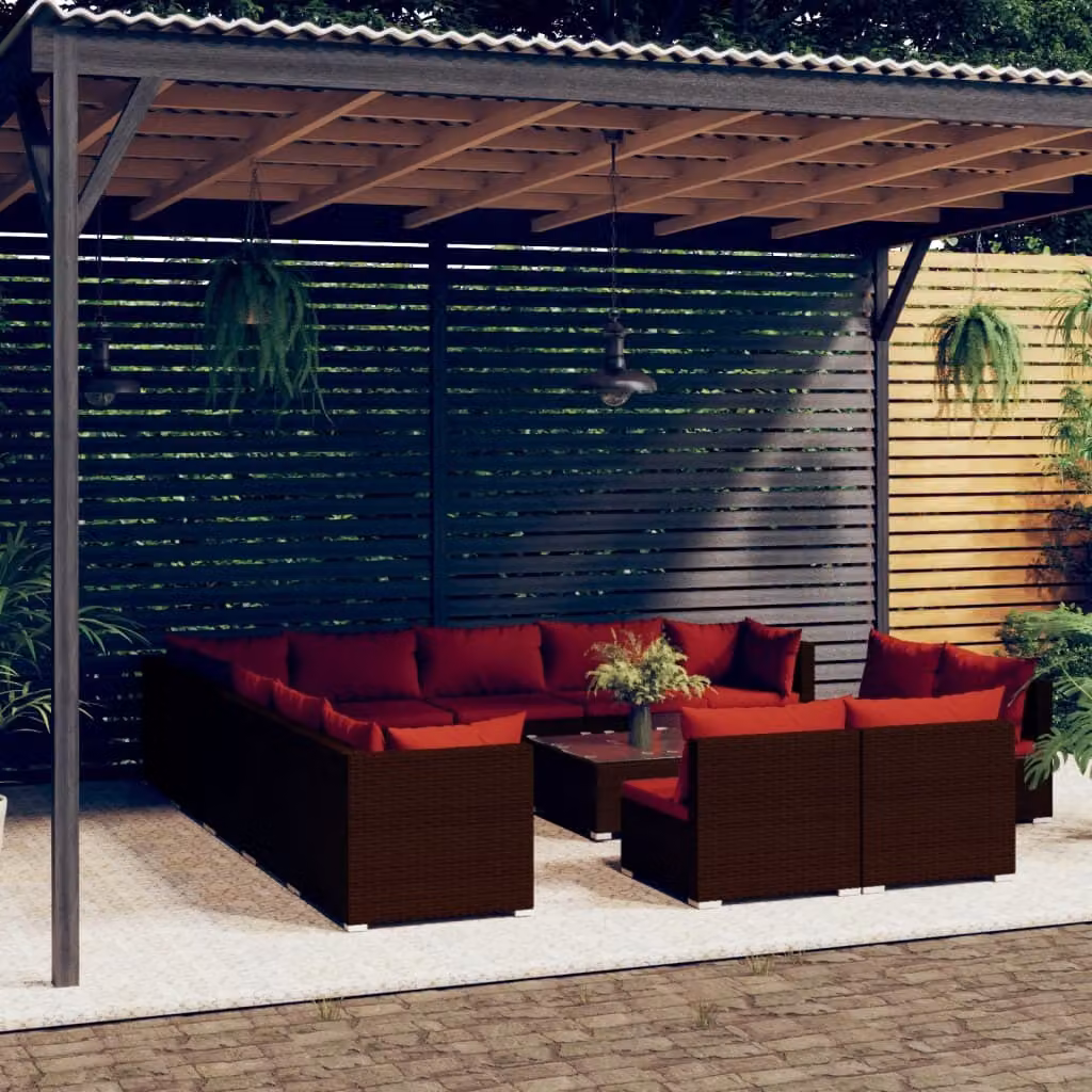 Set da esterno esclusivo per lounge, composto da 14 pezzi, con cuscini, in rattan sintetico marrone