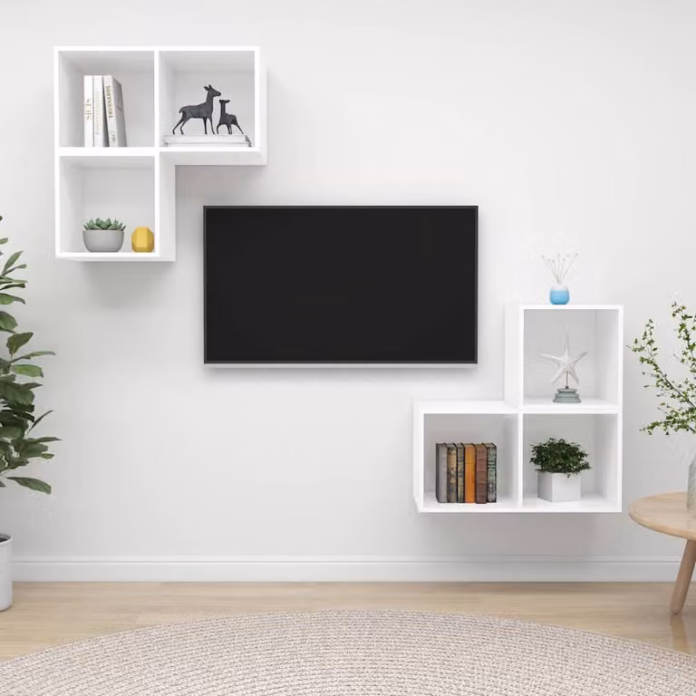 Set di mobili porta TV vidaXL composto da 4 pezzi in legno multistrato e MDF, colore bianco opaco, stile minimalista per il tuo soggiorno