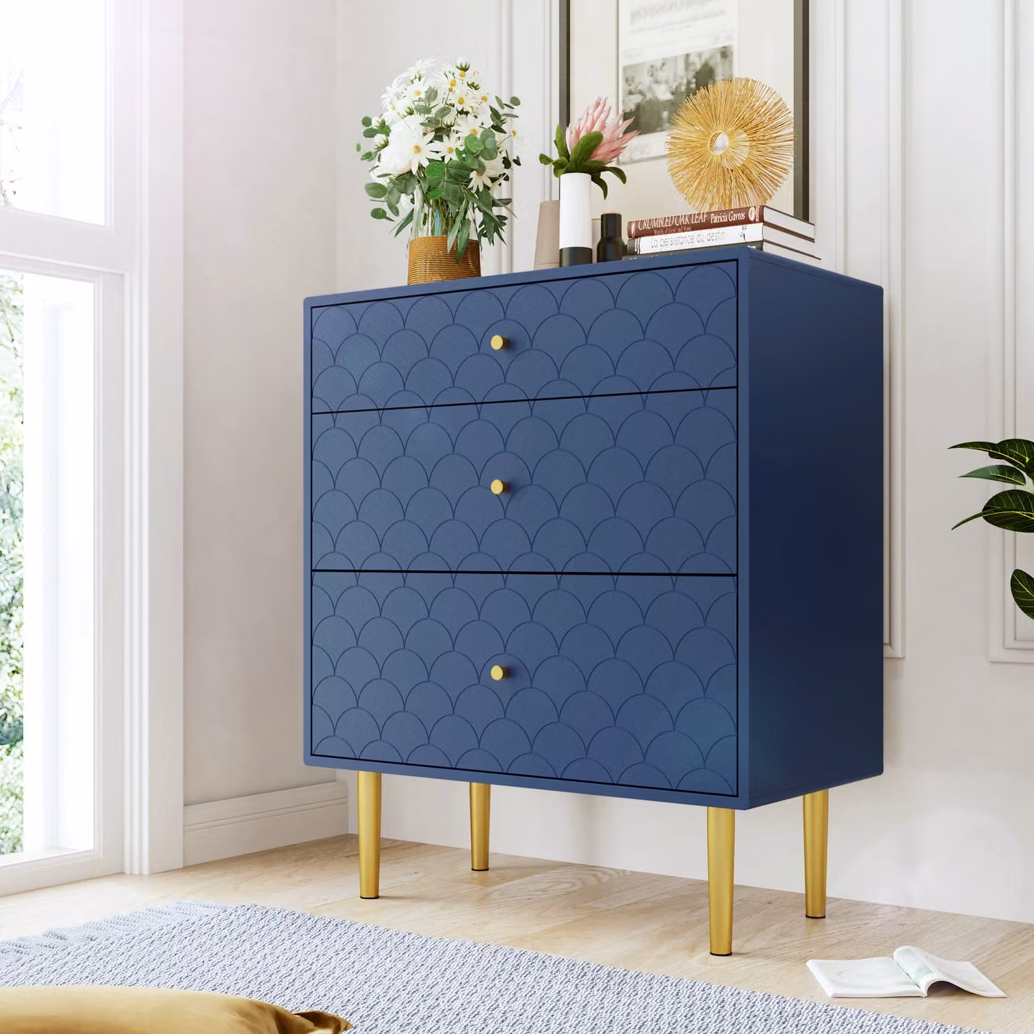 Cassettiera Merax con 3 cassetti credenza credenza in legno cassettiera, 89 x L75 x 40 cm, blu Martin
