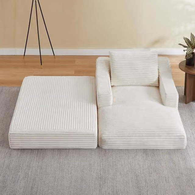 Poltrona lounge WISHDOR in velluto a coste bianca con design moderno trasformabile in letto con pouf estendibile