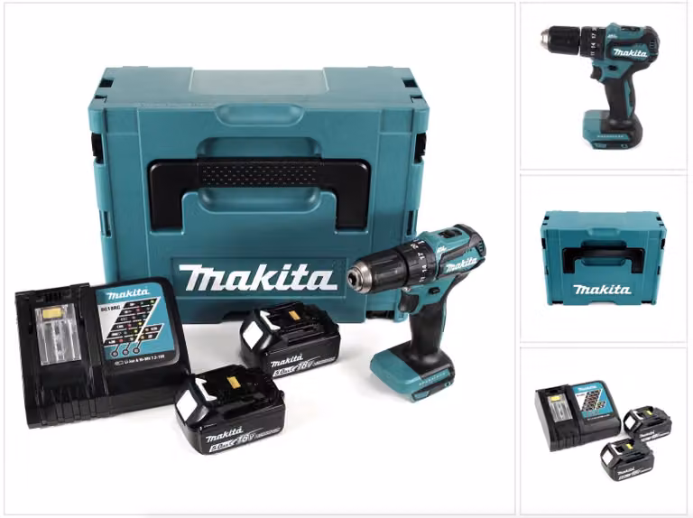 Makita DHP 483 RTJ Trapano avvitatore a percussione brushless a batteria 18 V in valigetta MAKPAC + 2x Batterie 5,0 Ah + Caricatore rapido