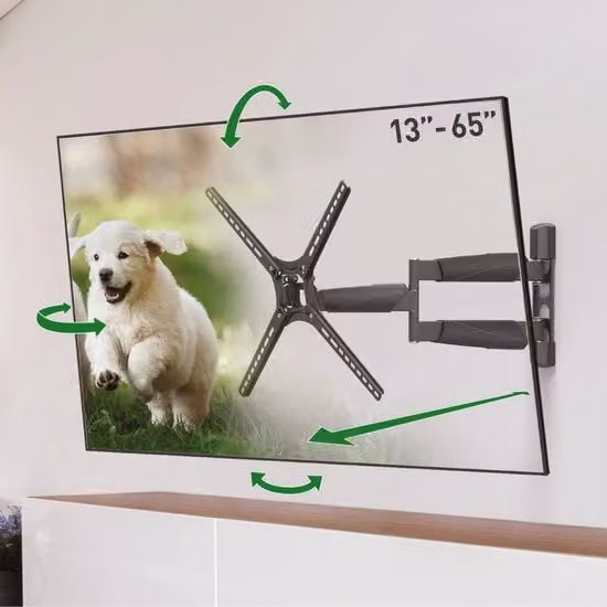 Supporto per TV da parete 53,5 cm, 13-65 pollici rotativo/tiltabile/movibile, massimo carico 36 kg, estensione extra lunga, per LED OLED LCD, massimo VESA 400x400