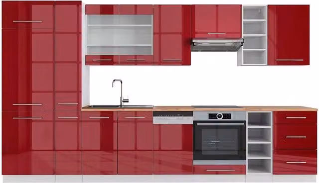 Cucina componibile Fame-Line Vicco Bordeaux lucido e Bianco con piano in Rovere, L: 355 cm