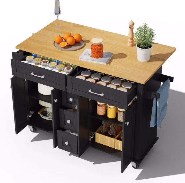 Isola cucina su ruote in MDF con piano di lavoro ribaltabile 120 x 65 cm, 5 cassetti e 2 ante