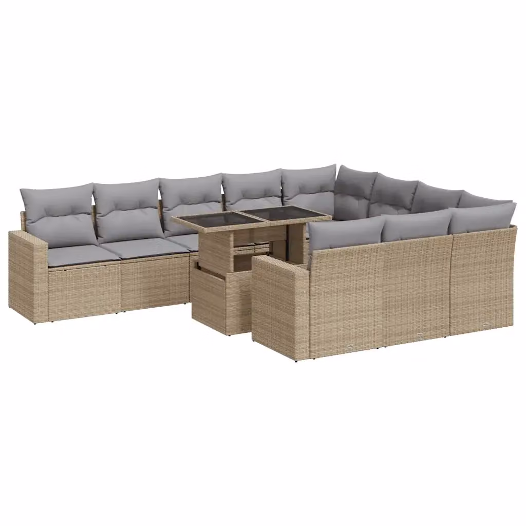 Set di Divani da Giardino a Forma di U vidaXL in Polyrattan con Cuscini Beige e Tavolino, 11 Pezzi – 2