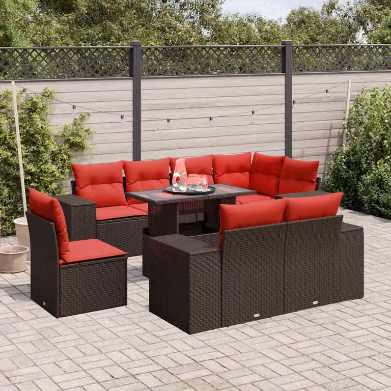 Maison Exclusive - Set divano da giardino 9 pezzi con cuscini, marrone, polyrattan