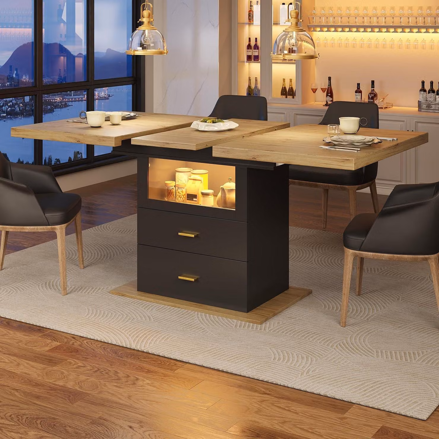 Tavolo da pranzo allungabile con cassetti e illuminazione LED, dimensioni 110-140x80x75 cm, finitura effetto legno/nero