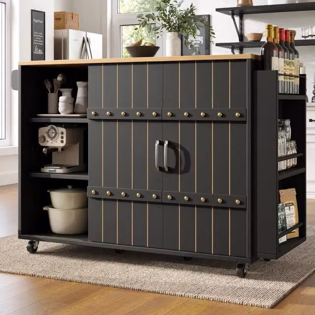 Carrello da cucina con piano pieghevole, ante scorrevoli, cassetti e portasciugamani, MDF nero, 110 × 42 × 90 cm