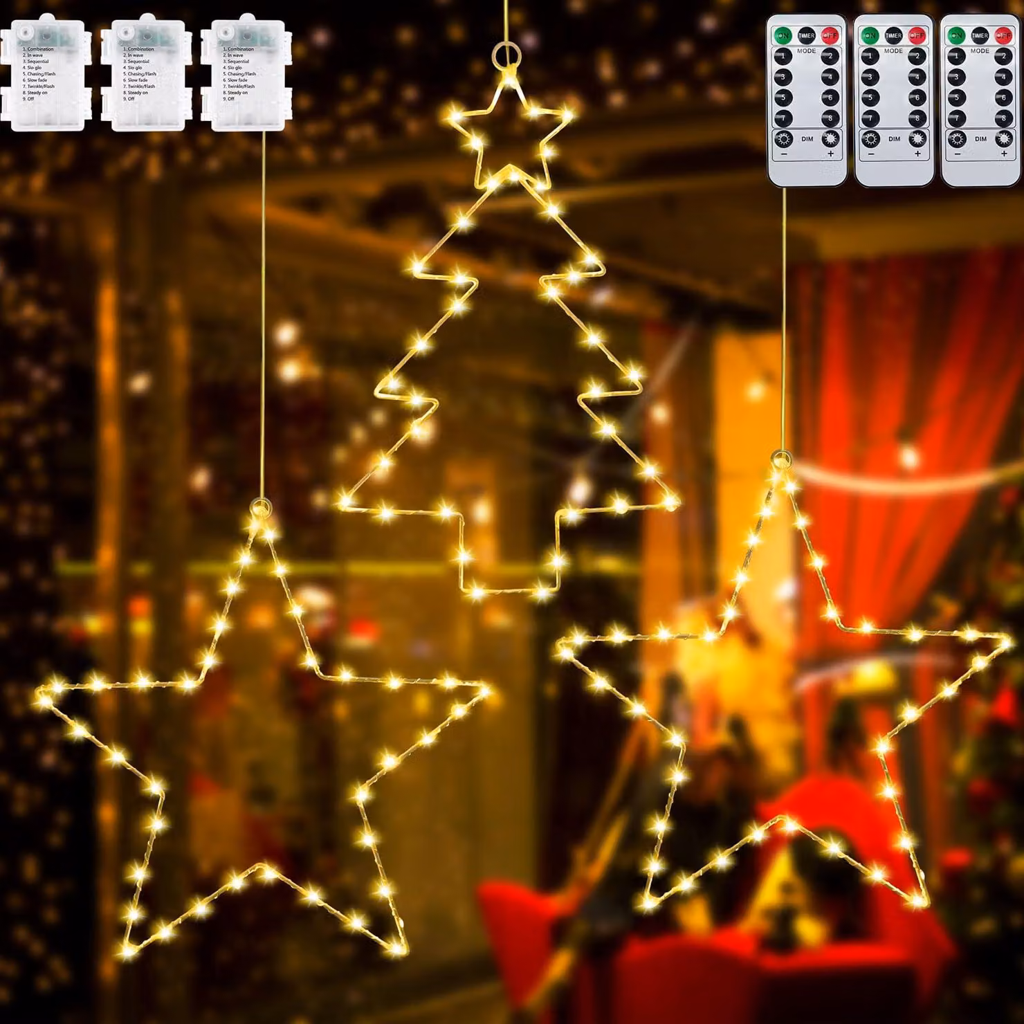 Set di luci natalizie, 3 pezzi, 40 LED, motivo stelle e albero, 8 modalità, luce bianco caldo