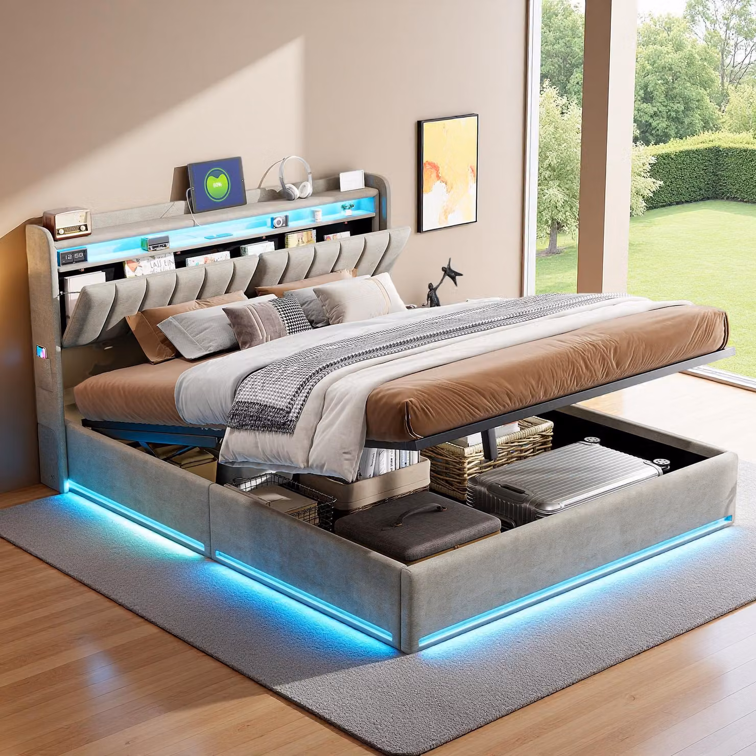 Letto imbottito INONEFT 160x200, letto matrimoniale moderno con LED e USB, letto con spazio contenitore ad apertura idraulica e rete a doghe, rivestito in velluto grigio, senza materasso