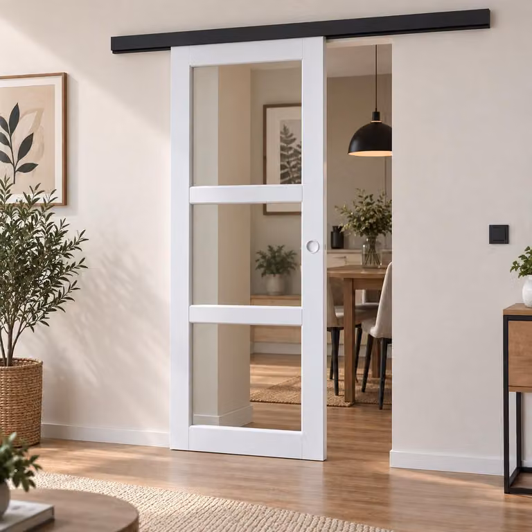 Porta scorrevole Kenya bianca con vetro trasparente H204 x L83 cm, binario in alluminio nero, conchiglie bianche per GD MENUISERIES