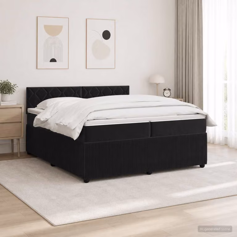 Letto box spring con materasso ibrido vidaXL in velluto nero con illuminazione sottostante e porta USB, L/P: 200 x 200 cm
