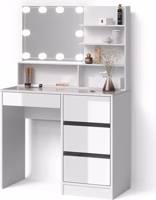 Tavolo da toeletta Livinity Imola Bianco 90 cm con mensola con specchio e catena luminosa LED, Model 52436