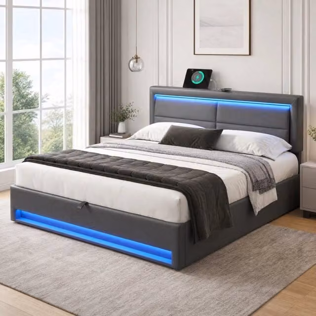 Letto imbottito 160x200 cm grigio in PU con LED e ricarica USB, senza materasso