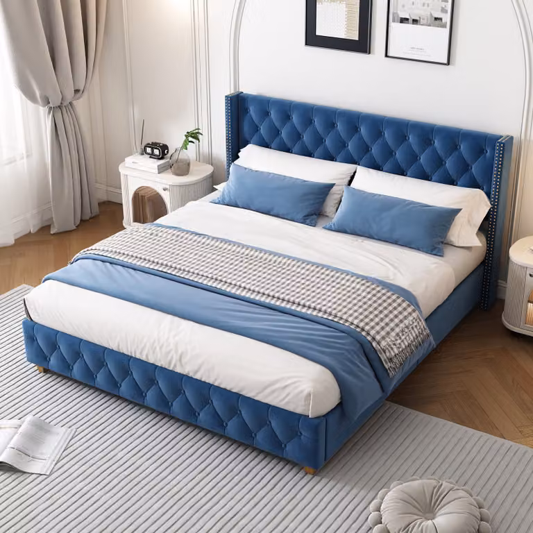Letto imbottito Sweiko 160*200cm con rete a doghe e testata, imbottitura con bottoni, imbottitura con borchie, gambe in legno, velluto, blu