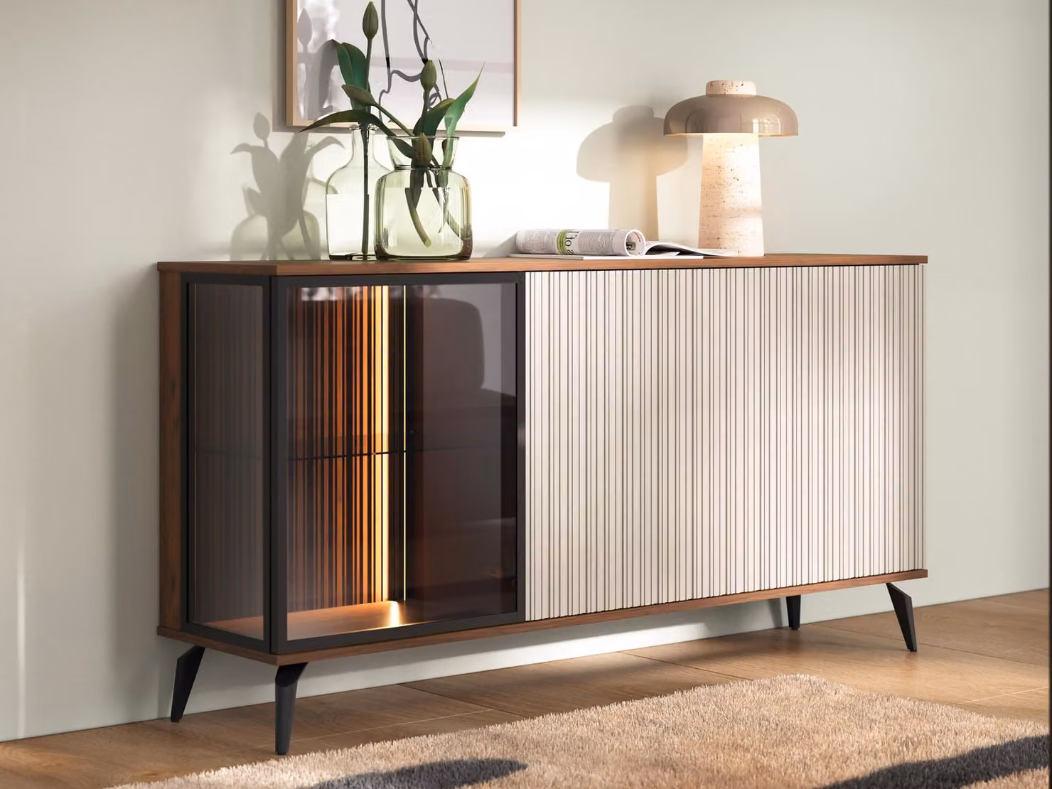 Cassettiera larga in vetro TOUDI - bella noce / cashmere + illuminazione LED GRATUITA