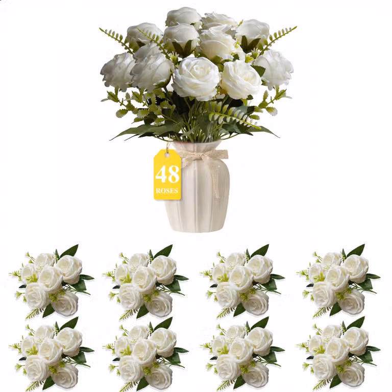 Set di 48 rose artificiali, colore bianco