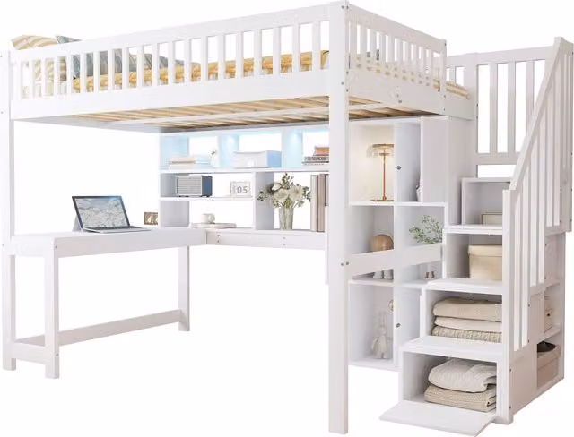 Letto a castello REDOM per bambini in legno e MDF bianco con scala contenitore, illuminazione LED e scomparti laterali L/P/H: 251 x 140 x 200 cm