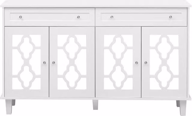 Sideboard bianco con quattro ante a specchio, mensole regolabili e due cassetti con maniglie a forma di cristallo, 140x83x40 cm