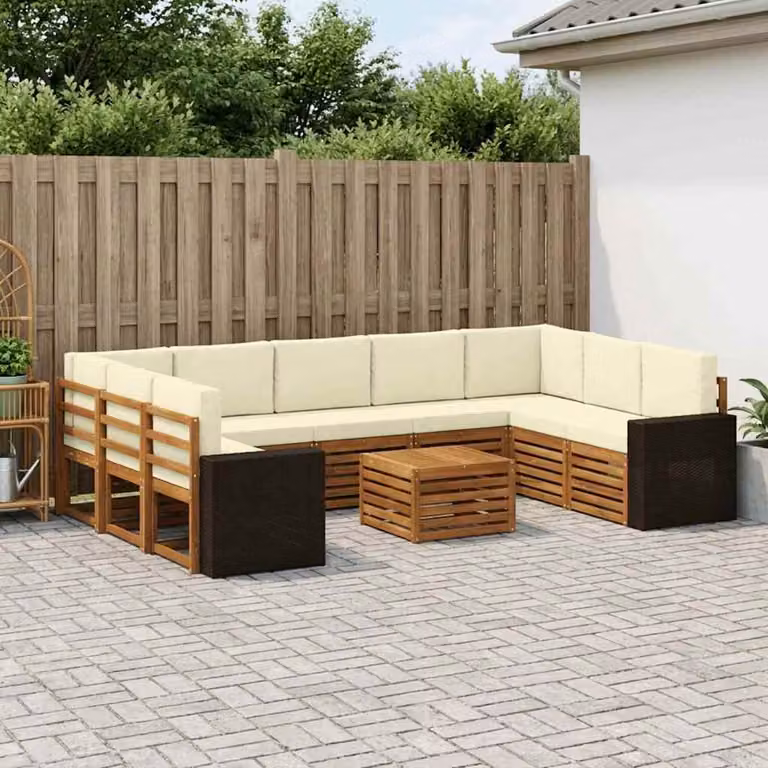 Set di divani da esterno vidaXL 10 pezzi in legno di acacia con cuscini, colore beige, bianco e marrone