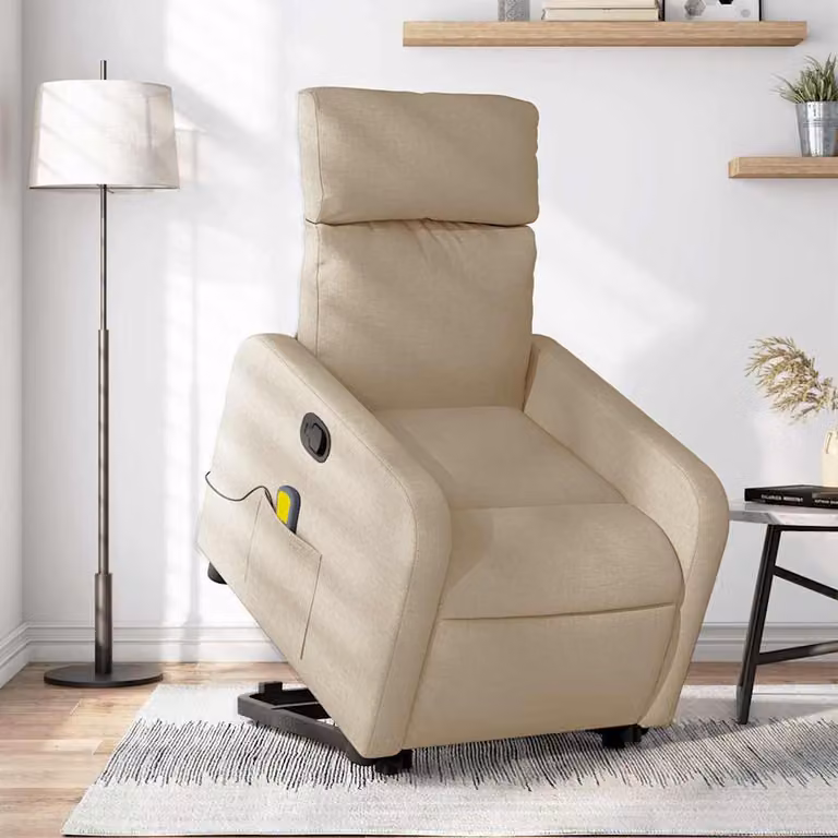 vidaXL Poltrona Alzapersona Massaggiante Reclinabile Beige in Tessuto con Supporto Elettrico per Senior