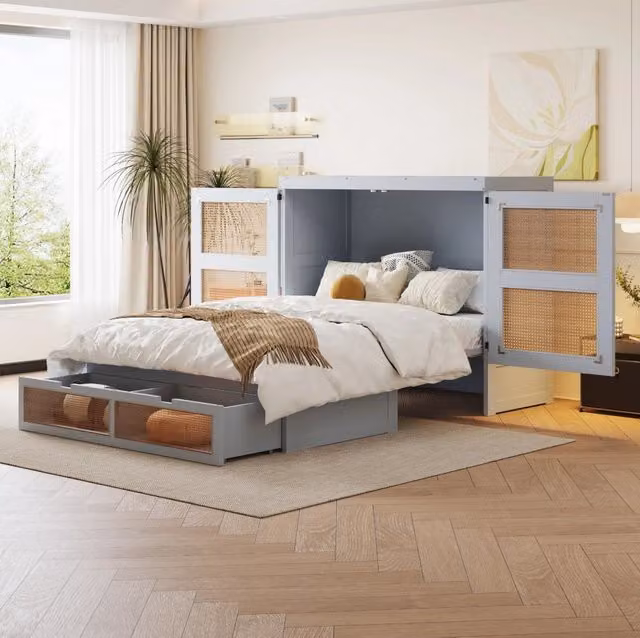 Letto a scomparsa verticale 140x200 cm con cassetti; design rattan; grigio