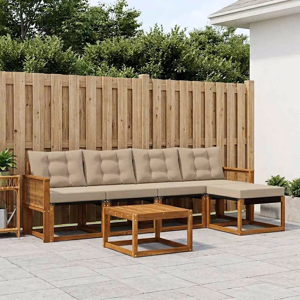 vidaXL Set di divani da esterno a L in legno di acacia con tavolino e pouf, Beige e Marrone